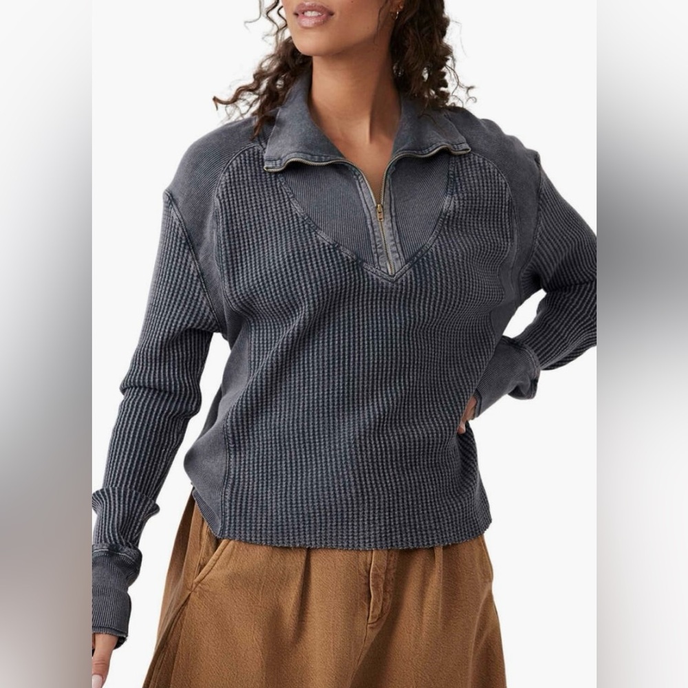 Free People | Charcoal V-Neck Ashton Half Zip Thermal Sweater | Small